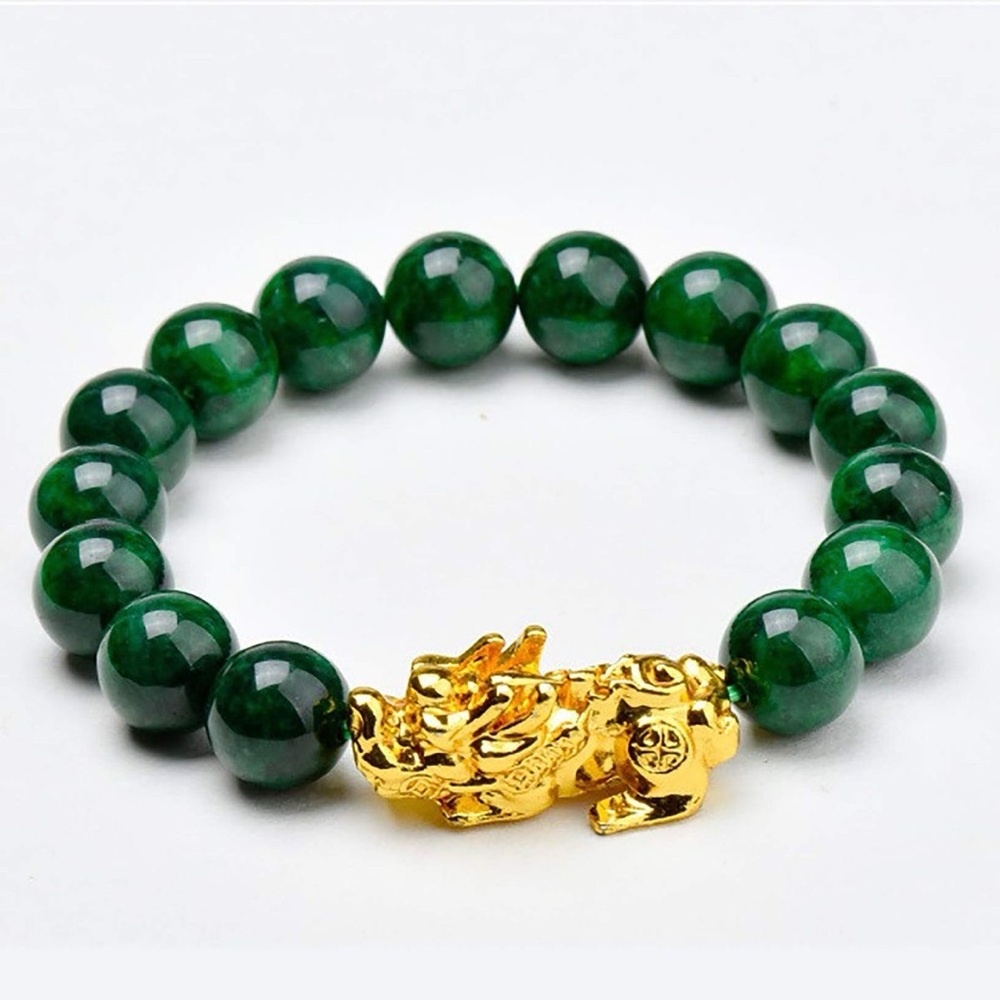 Green Beaded Bracelet with Gold Dragon Charm